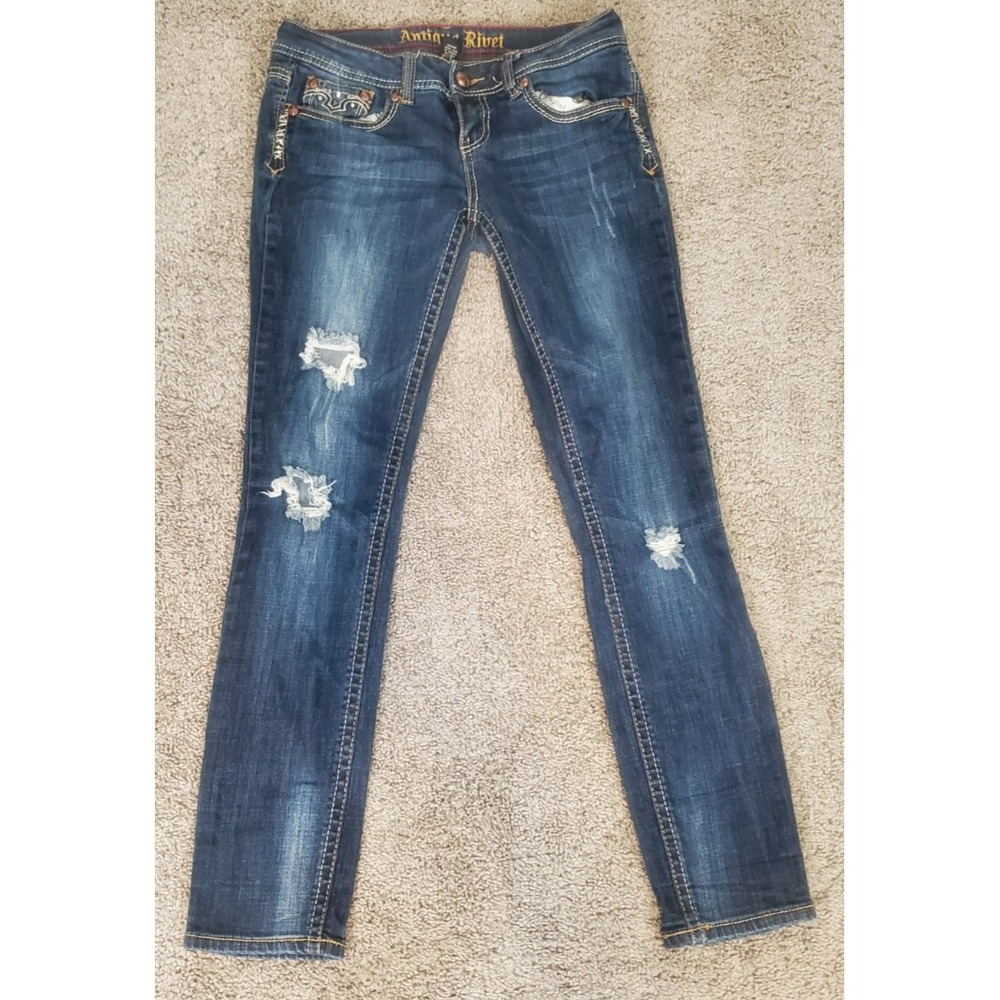 Antique Rivet Jeans Women's Size 29 Low Rise Distressed Skinny Blue Denim Pants